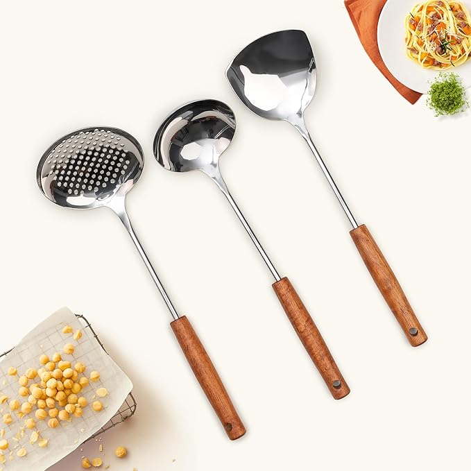 FJNATINH Wok Spatula - Ladle - Skimmer - Stainless Steel Wok Tools,Wok Utensil,Mirror Polished Stainless Steel Cooking Utensils 14.6-15.2" Kitchen Utensils Cookware, Pack of 3