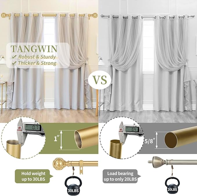 Gold Adjustable Curtain Rods for Windows:18-60 Inch Farmhouse Heavy Duty Curtain Rod for Bedroom Living Room,Boho Decorative Rustic Drapery Rods with Vintage Coastal Texture Finial,Brass Gold