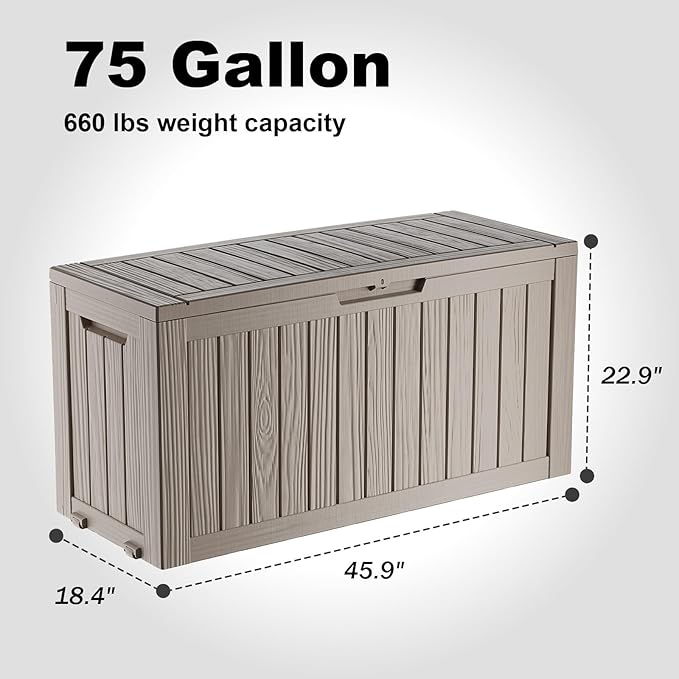 DRATO 75 Gallon Deck Box, Waterproof Resin Large Outdoor Storgae Box for Patio Furniture, Patio Cushions, Gardening Tools, Pool and Sports Supplies, Lockable