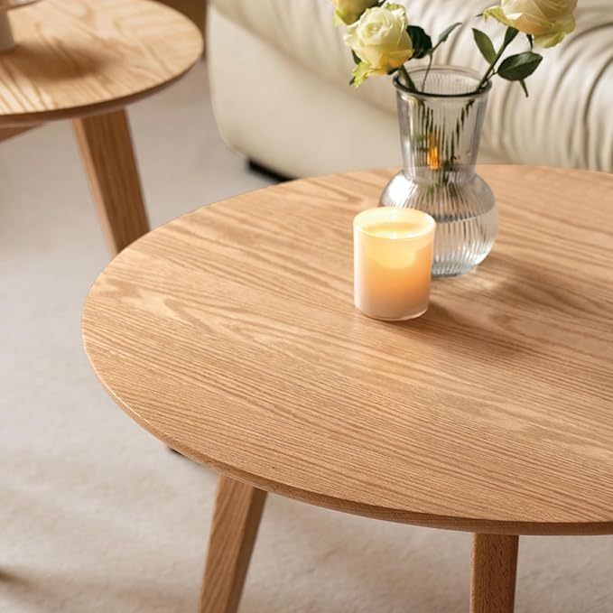 100% Solid Oak Wood Coffee Table Set, Round Coffee Table Combo Side Table w/Solid Wood Legs, Mid Century Table Sturdy Tables for Bedroom Balcony Living Room (Natural, Big-Medium Combo)