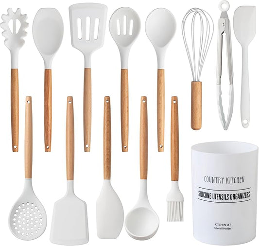 Country Kitchen Non Stick Silicone Utensil Set with Rounded Wood Handles for Cooking and Baking, 14 Piece Set, White
