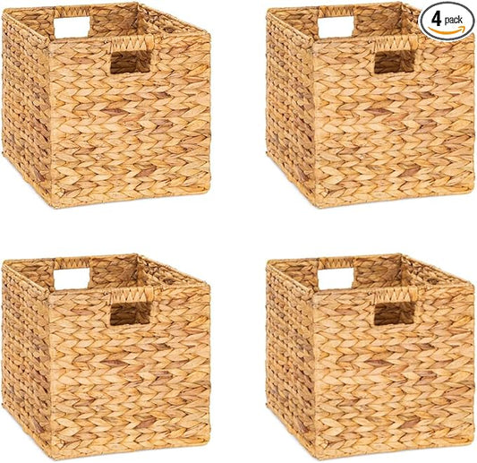 10.5 x 10.5 Storage Cubes – Water Hyacinth Wicker Baskets for Organizing, Wicker Storage Cubes, Storage Baskets for Shelves (4 Packs 10.5in)