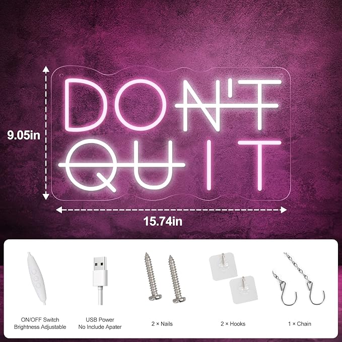 Don't Quit LED Neon Sign for Wall Decor, DO IT Neon Lights Party Decorations, USB Powered Switch Lighting Adjustable for Office, Gym, Man Cave, Gamer Room Decor