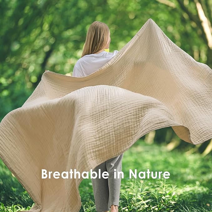 EMME Cotton Throw Blanket Large 50"x70" Gifts for Women 100% Muslin for Couch Breathable Gauze All Season Soft and Lightweight Pre-Washed (Light Tan)