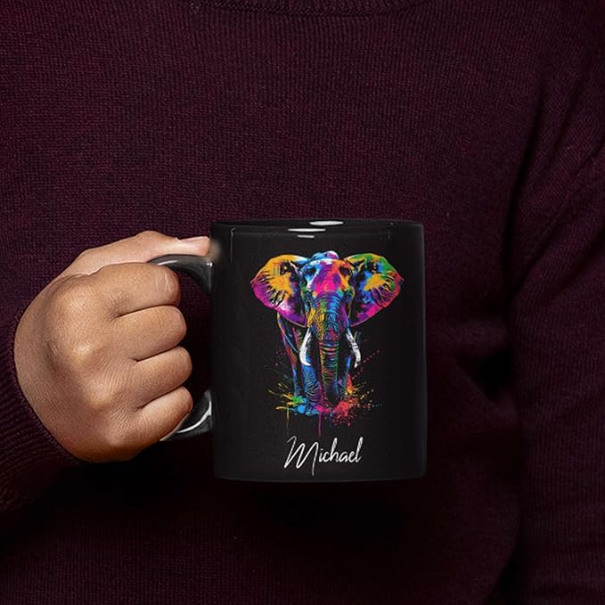 Elephant Coffee Mug 11oz 15oz, Personalized Name Animal Black Cup, Gift For Elephant Lovers, Custom Colorful Animal Design Mug, Gifts For Son Daughter On Birthday