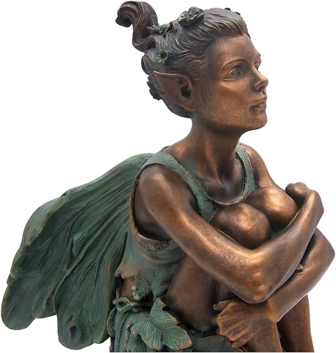 Copper Toned Fairy Holding Knees with Blue Accents Garden Statue, Whimsical Outdoor Decor, 13 Inches