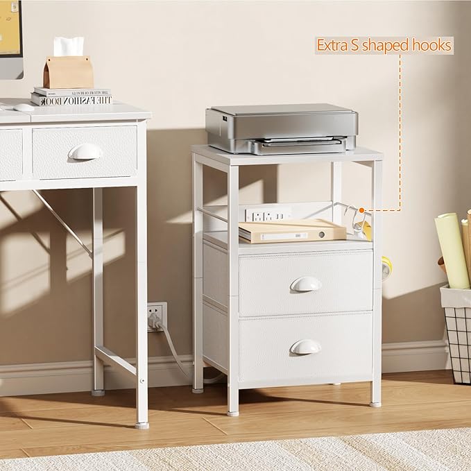 Furologee Nightstands Set of 2, Night Stands with Charging Station, Side Tables with 2 Fabric Drawers, End Tables with Storage Shelves, for Bedroom, White