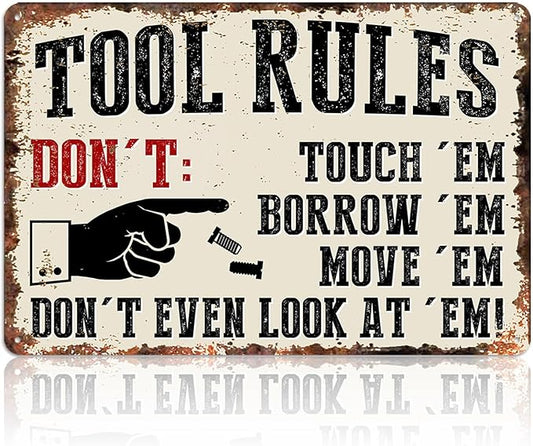 Garage Signs Metal Wall Decor - Vintage Tool Rule Metal Tin Signs for Men, Funny Shop Accessories Bar Decoration for Man Cave 8x12 Inch