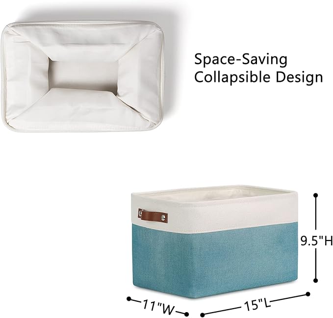 DULLEMELO Storage Baskets for Shelves, Fabric Collapsible Rectangular Storage Bins for Shelves, Closets, Nursery, Home, Empty Gift Baskets (3-Pack Medium-15 inch X 11 inch X 9.5 inch , White&Teal)
