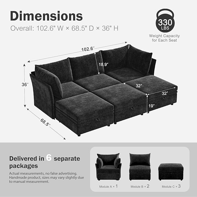 102.6" Luxury Modular Sleeper Sofa Bed 6 Seat Reversible Sectional Couch Deep Seat with Storage Chaises Removable Cover for Living Room, Apartment - Chenille Black