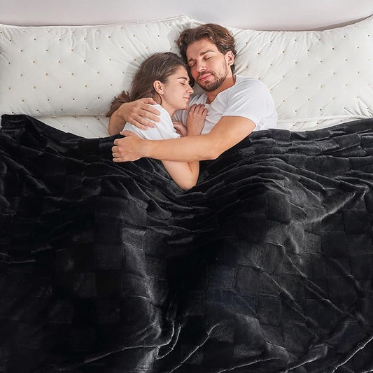 Cozy Bliss Checkered Large Faux Rabbit Fur Black Queen Bed Blanket, Soft Fuzzy Fluffy Minky Furry Plush Blankets for Couch, Bed, Adults (90 * 90 Inches Black)