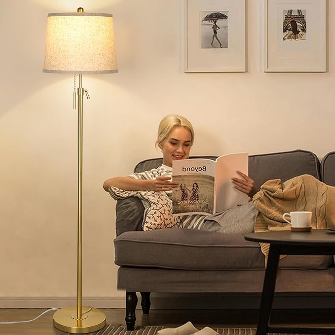 Gold Floor Lamp for Living Room 55-65" Adjustable Modern Brass Standing Lamp with Pull Chain Tall Pole Light with Beige Shade for Bedroom Reading Office Corner Nursery 9W LED Bulb Included 3 ColorTemp