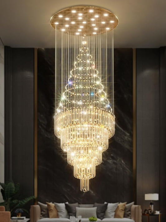 Flashing God 40''X90 High Ceiling Chandelier Crystal Raindrop Gold Chandeliers Staircase Large Chandelier Villa Entrance Foyer Pendant Light Foyer High Ceiling Light 15 GU10 Bulb Dimming