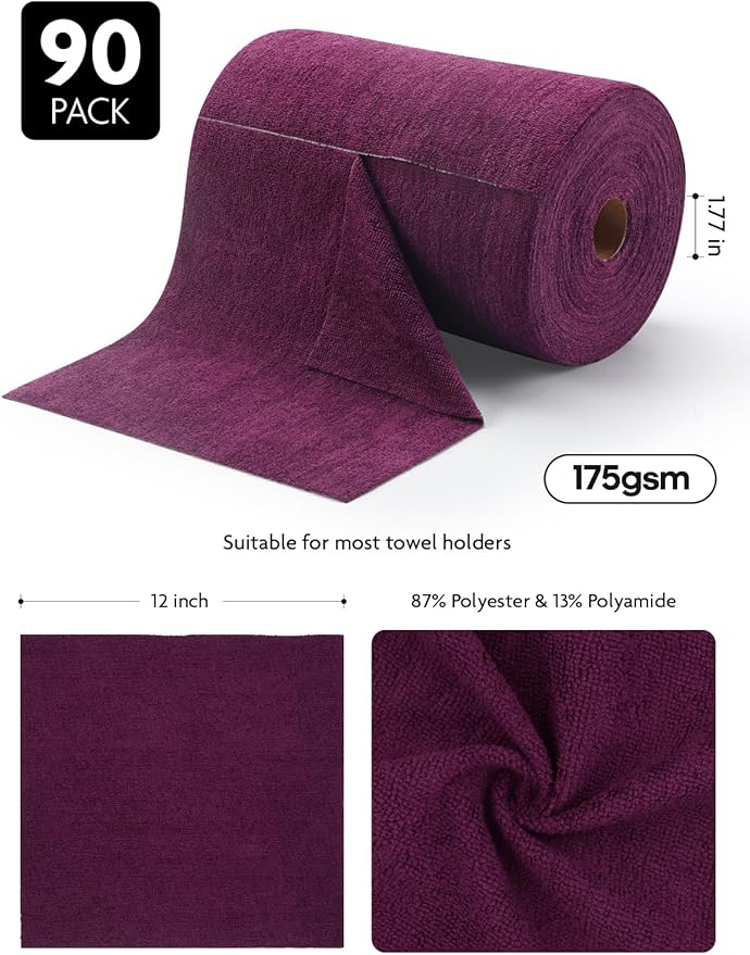 Fantasticlean Microfiber Cleaning Cloth Roll -90 Pack, Tear Away Microfiber Towels, 12" x 12", Reusable, Washable, Scratch Free, Ultra Absorbent Dish Rags for Car, Home, Garage or Shop (Deep Purple)