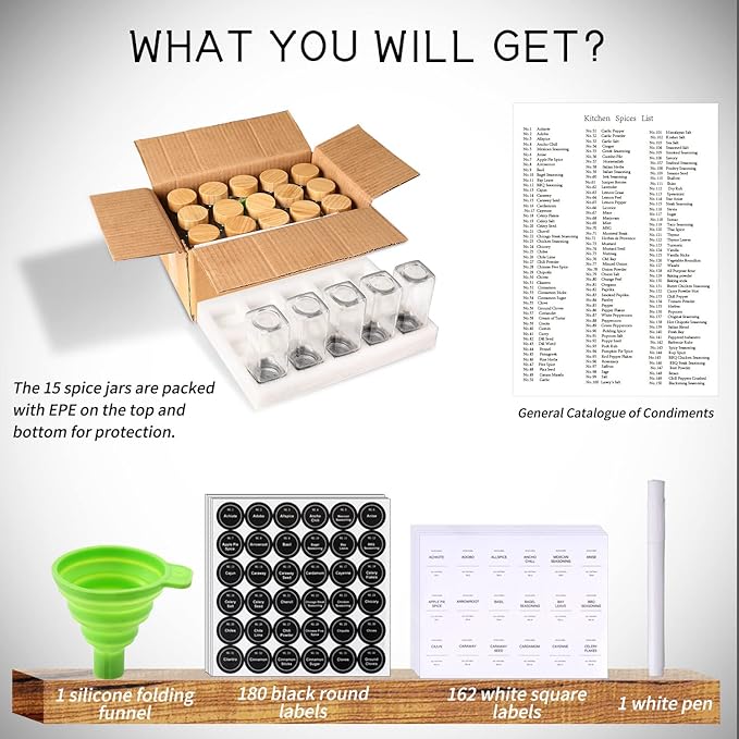 DIMBRAH Spice Jars with Label 24Pcs,Seasoning Containers,Glass Spice Jars with Bamboo Lids,Kitchen Essentials,Spices Container Set,Kitchen Set,Seasoning Organizer,Spice Rack Organizer for Cabinet