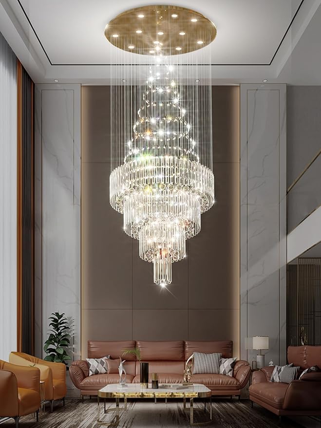 D32''X H100'' Modern Crystal Raindrop Gold Chandelier Lighting for Entrance, Stairs, Doorway, Crystal Ornament Chandelier Can be Used on Sloping Ceiling