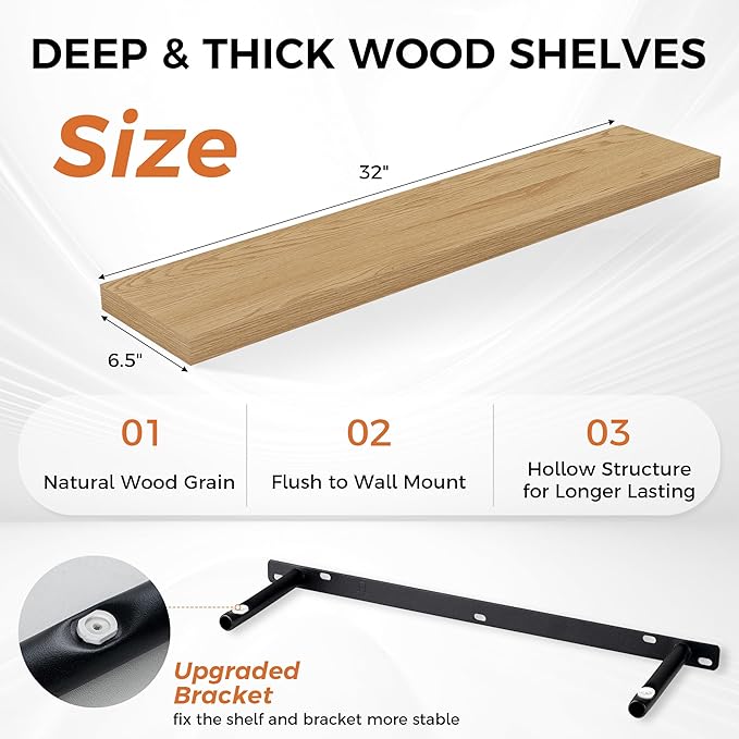 Fun Memories Floating Shelves for Wall, 32" Rustic Wood Deep Wall Mounted Shelves with Invisible Brackets for Decor & Storage, Floating Shelf for Living Room, Bathroom (Oak, Set of 2)