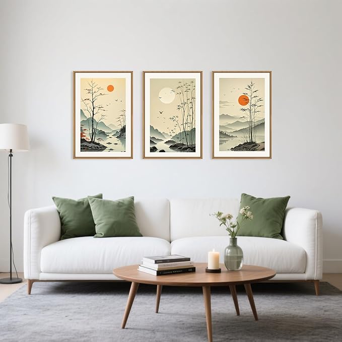 Chinoiserie Bamboo Forest Framed Canvas Wall Art Set, Nature Tree Lakes Wall Decor, Minimalist Zen Landscape Wall Painting, Watercolor Art Prints for Living Room, Bedroom, Office 16"X24"X3