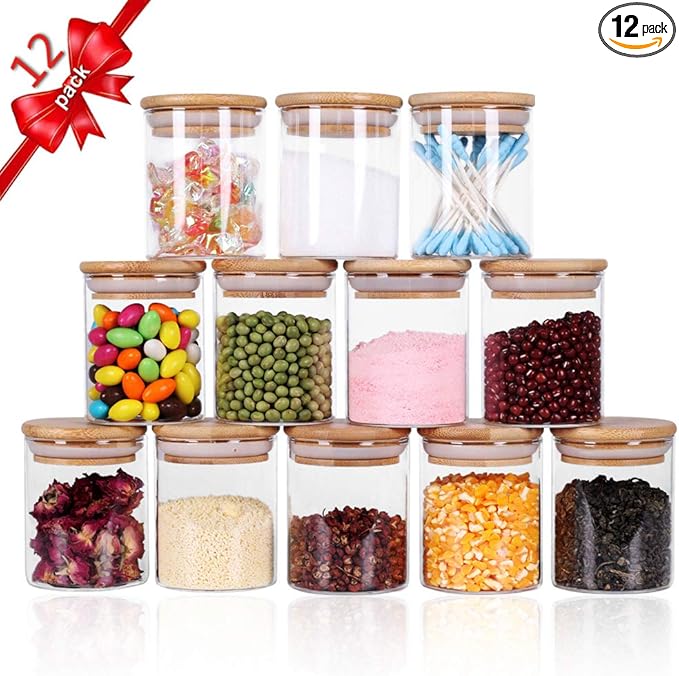 Glass Jars Set,Upgrade Spice Jars with Wood Airtight Lids and Labels, 6oz 12 Piece Small Food Storage Containers for Home Kitchen, Tea, Herbs, Sugar, Salt, Coffee, Flour, Herbs, Grains…