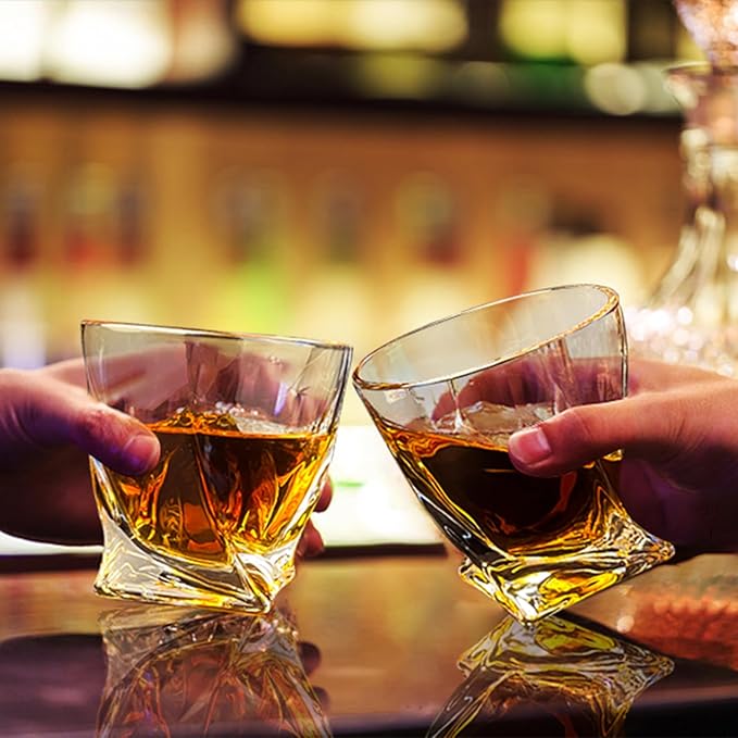 Crystal Whiskey Glasses Set of 2 with Ice Ball Molds, 11 Oz Old Fashioned Glasses Packaged in Giftable Box, Twisted Style Bourbon Glasses Gifts for Men, Stylish Whiskey Glasses Set