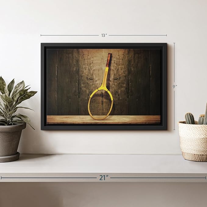 ElephantStock Vintage Tennis Racket Wall Art - Horizontal Framed Canvas - 1-Piece Living Room Wall Decor - Photography Sports Canvas Print - Brown and Black Decor for Wall - 13" X 9"