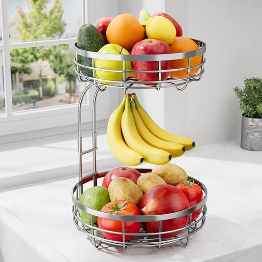 Fruit Basket for Kitchen Counter - 2-Tier Large Capacity Fruit Bowl with Detachable Banana Hanger, Rust-Proof Metal Fruit Holder for Vegetables, Bread, Toiletry,10" D x 10" W x 14" H, Silver.