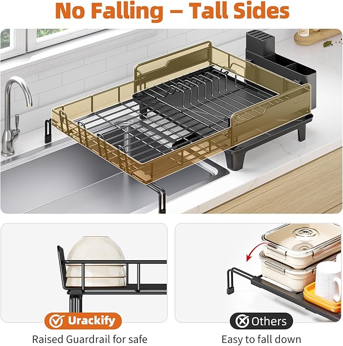 Extendable Dish Drying Rack, Multifunction Dish Rack for Kitchen Counter, Expandable Dish Drainer Over Sink, Large Dish Strainer with Cups Holder, 1 Tier Black