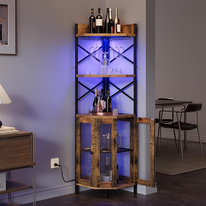 Corner Bar Cabinet with Power Outlet, 5-Tier Corner Wine Cabinet with Led Strip and Glass Holder, Industrial Tall Liquor Cabinet Bar Wine Rack for Home, Rustic Brown