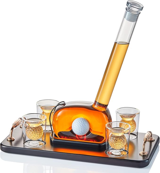Golf Whiskey Decanter Set with 4 Golf Ball Shot Glasses, Unique Golf Gifts for Men Women, 750ml Golf Themed Liquor Dispenser, Golf Club Drink Dispenser for Bourbon, Scotch, Vodka, Tequila