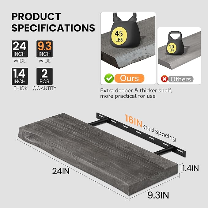 Floating Shelves for Wall, 24"x9.3" Rustic Solid Live-Edge Elm Wood Wall Shelves, Heavy-Duty Floating Shelves with Invisible Brackets, Set of 2 for Living Room, Bedroom, and Kitchen, Grey Finish