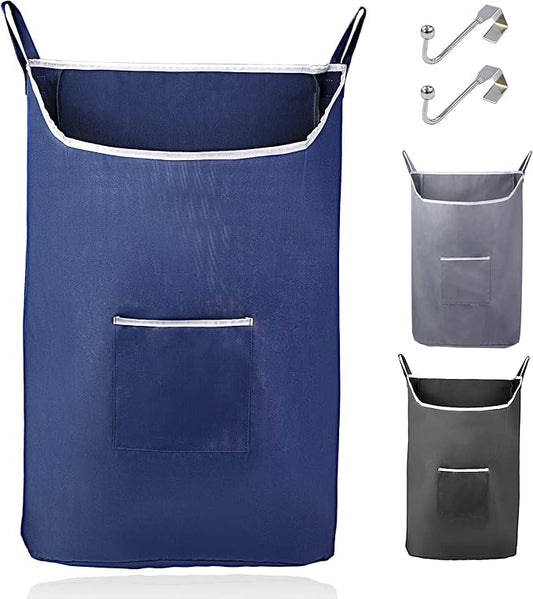 Fine Living Co. Large Hanging Laundry Hamper with Over Door Hooks & Adhesive, Durable Space Saving Laundry Bag with Zipper and Wide Open Top, Hanging Dorm Laundry Hamper (Navy Blue-XL)