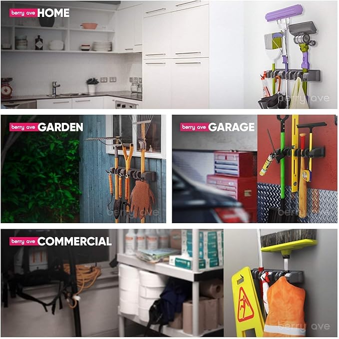 Combo 5 Slot Broom Holder w/ 1 Self Adhesive Mop Gripper No-Drilling, Wall Mount Tool Organizers For Kitchen, Garage, Laundry Room- Anti-Slip Hanger For Brooms, Mops, Rakes, Dustpans (Black / Black)