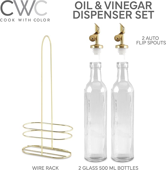 COOK WITH COLOR Glass Olive Oil Dispenser Bottle - 2 Pack, 17 oz Cruet - Elegant Carafe Decanter with Spout for Kitchen, Suitable for Vinegar, Coffee Syrups & Other Liquids