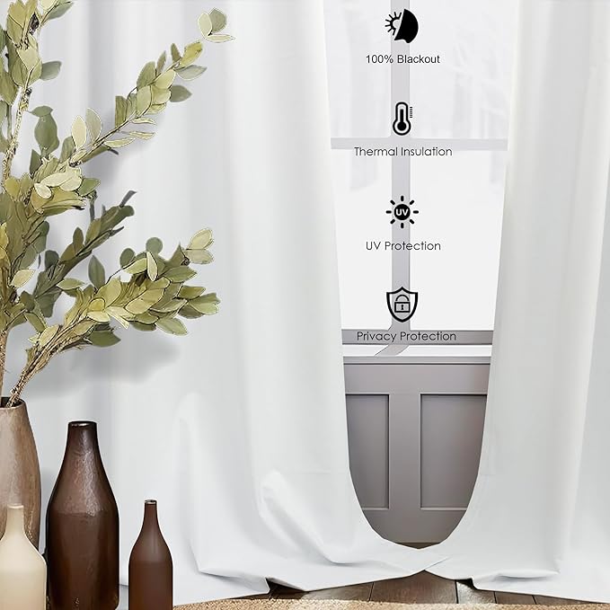 104 Inch Long Curtains White Linen Black Out Back Tab Pleated Blackout Curtain for Living Room Bedroom Teen Girls Thick Linen Lightweight Heat Draft Blocking Window Drapes Office Custom Length 2 Panel