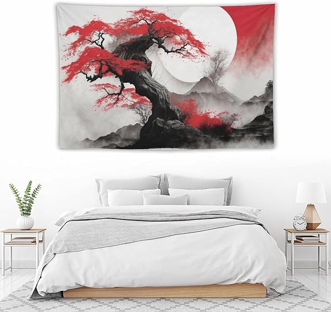 Cherry Blossoms Tapestry,Japanese Red Landscape Asian Watercolor Abstract Art Tapestry,Japanese Wall Tapestry, Nature Landscape Tapestries for Bedroom Living Room Decor 60"x40"