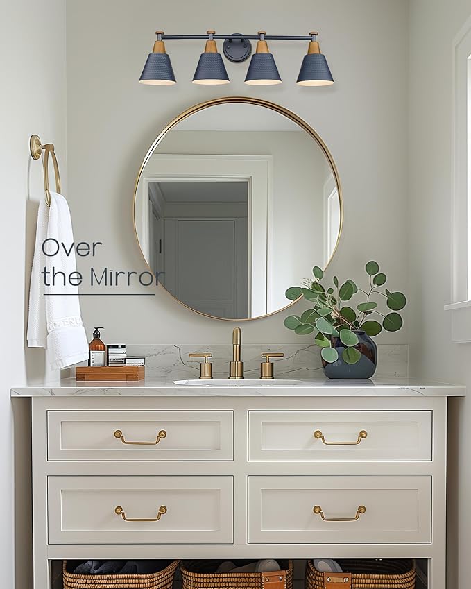 FEMILA 4-Light Bathroom Light Fixtures, Farmhouse Modern Vanity Lights Wall Lamp with Hammered Metal Shade Finish, Dark Blue, 4FG59B-4W Blue