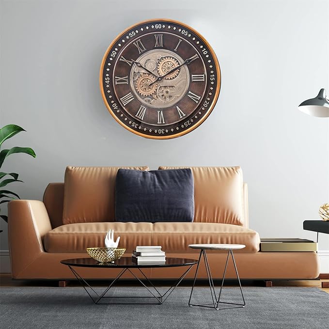 CLXEAST 24 Inch Wall Clock with Moving Gears,Oversized Large Industrial Steampunk Clock, Antique Gold Metal Roman Numeral Wall Clocks for Farmhouse Living Room Decor