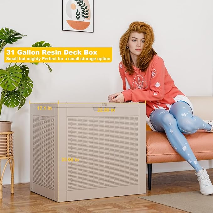 Deck Box Large Outdoor Storage for Patio Furniture,Outdoor Cushions,Garden Tools,Picnic Supplies and Pool Supplies,Waterproof,Resin,Lockable (Grey, 31 Gal)