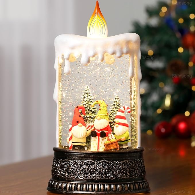 Gnome Snow Globe Candle Christmas Decorations Gifts Auto Snowfall Glitter Music Collection with 6H Timer USB/Battery Powered 9.7 inch