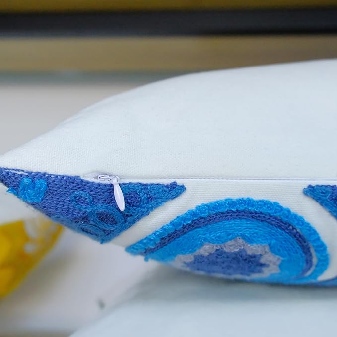 Embroidered Decorative Throw Pillow Cover, 18"x18" Set of 2, Farmhouse Pillowcase Blue Corals Knit Pattern Cotton Canvas Cushion Case Square Floral Pillow Case for Sofa Couch Bed Living Room