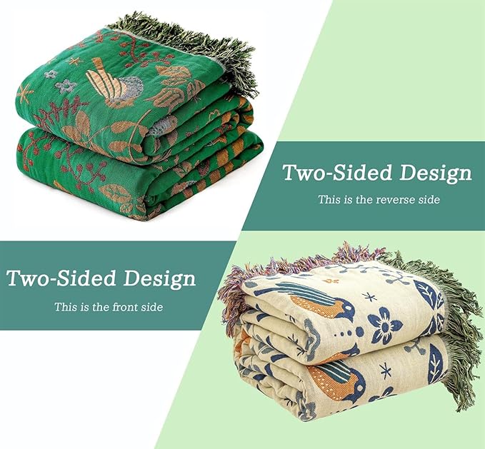 Green Summer Blanket 60''x 80'' Boho Throw Blankets for Couch Bed Chair,100% Cotton Quilts Christmas Warm Soft Blanket Muslin Bed Blankets Farmhouse Decoration