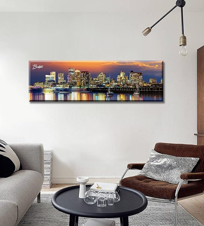 DJSYLIFE Boston Skyline Wall Art Canvas Prints Colorful USA City Night Pictures Modern Panoramic Cityscape Posters Paintings for Bedroom Office Decor, Ready to Hang 13.8"x45.3"