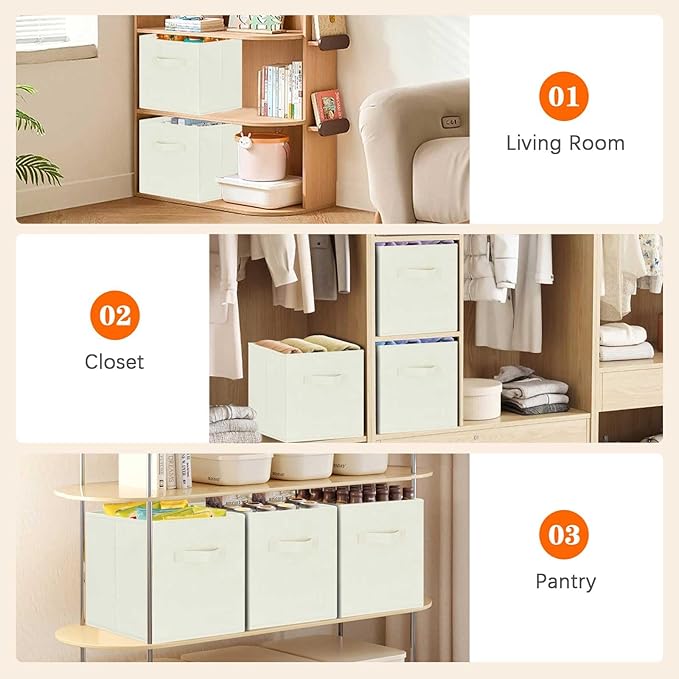 GhvyenntteS Storage Cubes 12 Pack, 11 Inch Cube Storage Bins with Dual Handles, Collapsible Fabric Storage Bins for Shelves Closet, Storage Baskets for Organizing Clothes, Bedding, Books, Beige