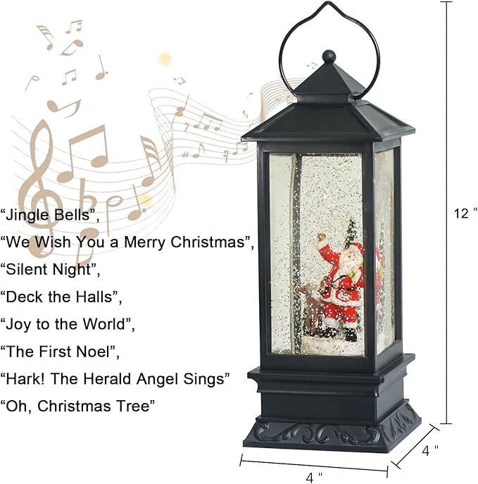 Eldnacele Christmas Snow Globe Lantern with Music, Battery Operated Lighted Swirling Glitter Water Lantern with Timer for Christmas Home Decoration, Santa