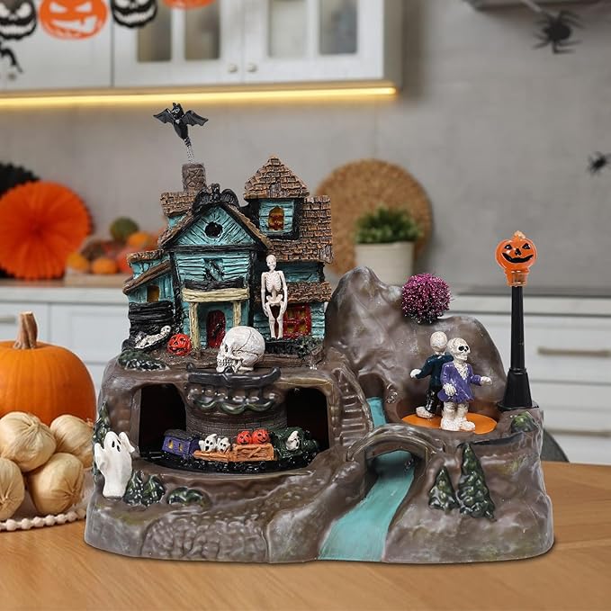 DREAM GARDEN Halloween Village Collection, Lighted Spooky Haunted House with Animated Train and Scary Sound Halloween Collectible Bulidings with Skull, Pumpkin, Ghost for Holiday Party Tabletop Decor