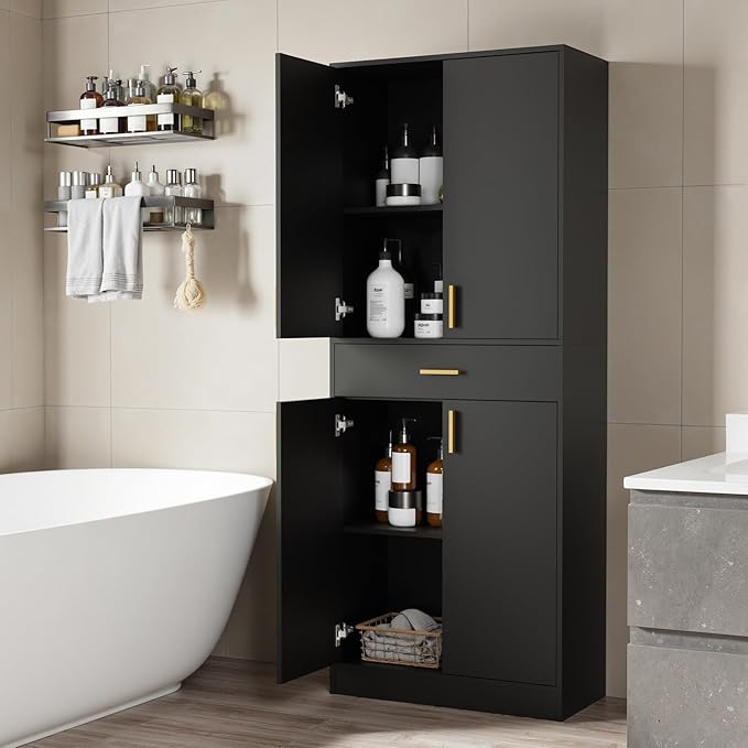 Cozy Castle Pantry Cabinet, 71" Tall Kitchen Storage Cabinet with Doors and Shelves, Freestanding Wood Cupboard Utility Hutch with Drawer for Dining Room Living Room Bathroom Furniture, Black