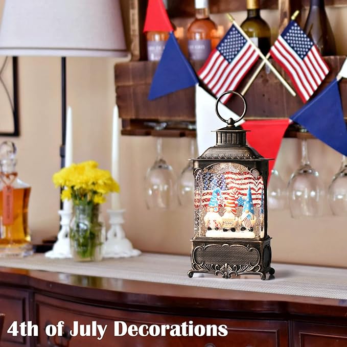 Gnome Snow Globe Lantern 4th of July Decorations with Timer, USB and Battery Powered 4th of July Shirts Patriotic Gnomes and American Flag Independence Day 10.2 inch