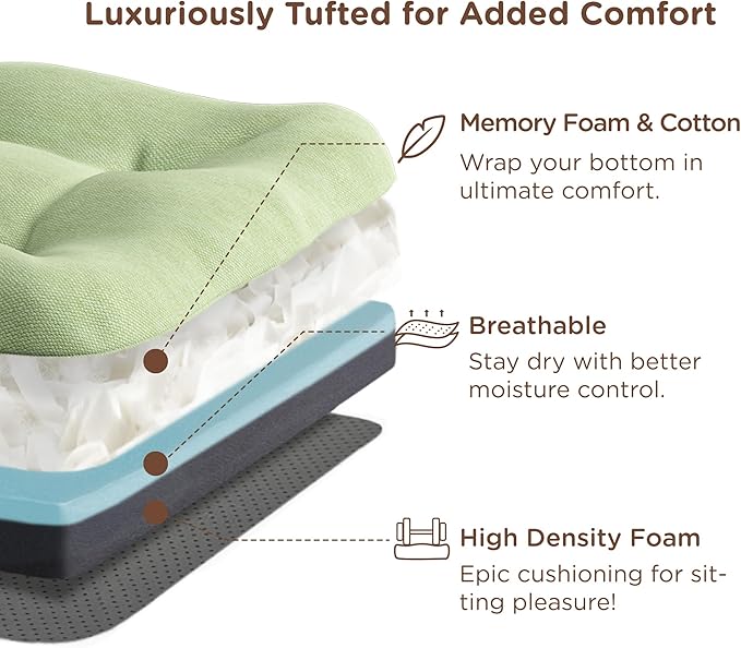 Codi Dining Chair Cushions 2 Pack, Thick Chairs Pads for Indoor Kitchen Room - Washable, Non-Slip Memory Foam Seat Cushion with Ties, 16.5"x16.5"x 3.5", Set of 2, Sage