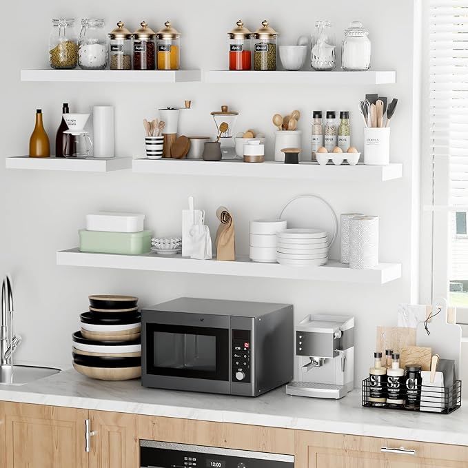 Fun Memories 24 Inch Floating Shelves - Deep Rustic White Wooden Wall Shelves - Extra Deeper & Thicker Wall Mounted Storage Shelf for Bedroom, Kitchen, Farmhouse - 2 Pack, Rustic White