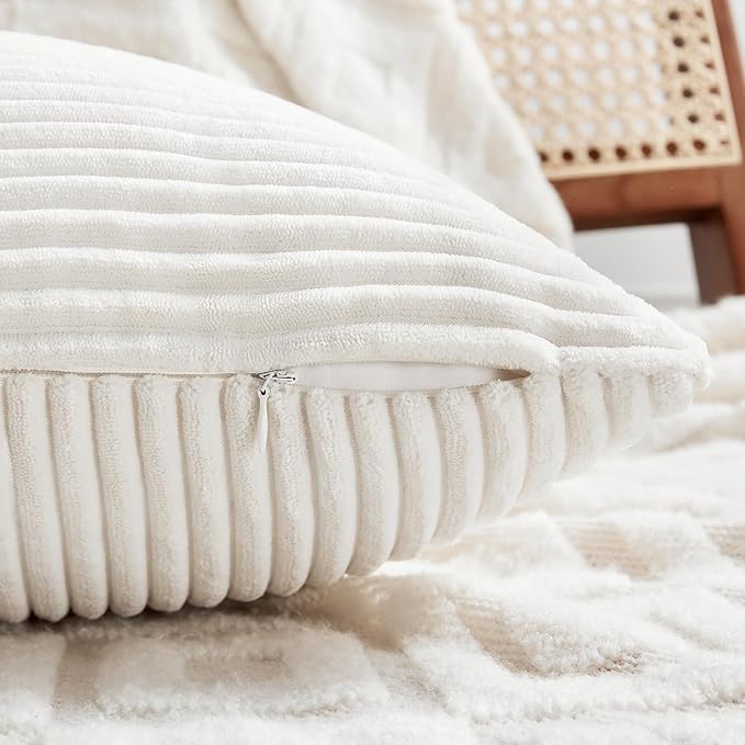 Fancy Homi 2 Packs Cream White Long Lumbar Decorative Throw Pillow Covers 16x24 Inch for Couch Bed Sofa, Rustic Farmhouse Boho Home Decor, Soft Striped Corduroy Rectangle Accent Cushion Case 40x60 cm